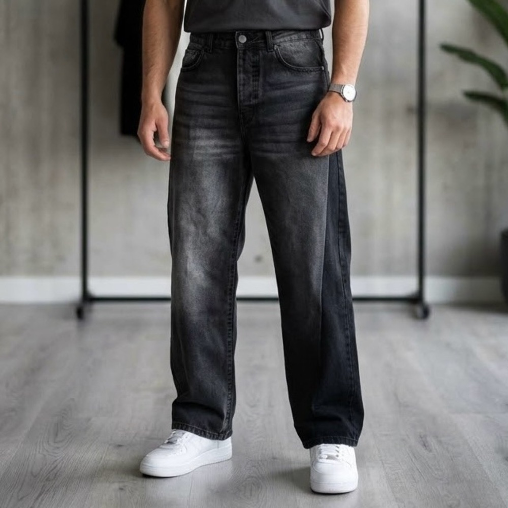boohooMAN Washed Black Wide Leg Baggy Streetwear Jeans Urban Y2K Rugged